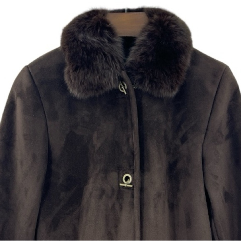 Dana Buchman Elegant Brown Fur-Collar Toggle Closure Suede Fur lined Coat S New